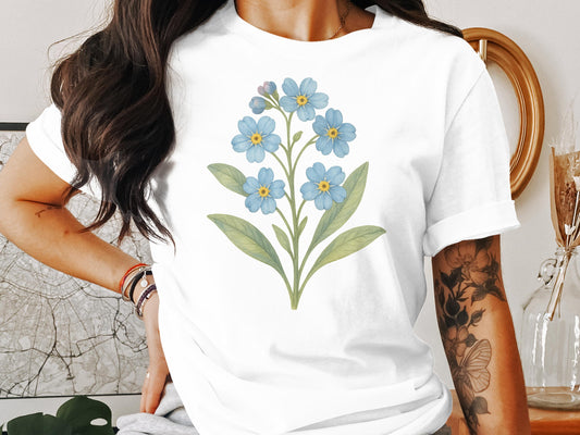 Beautiful Blue Floral Print on White T-Shirt product