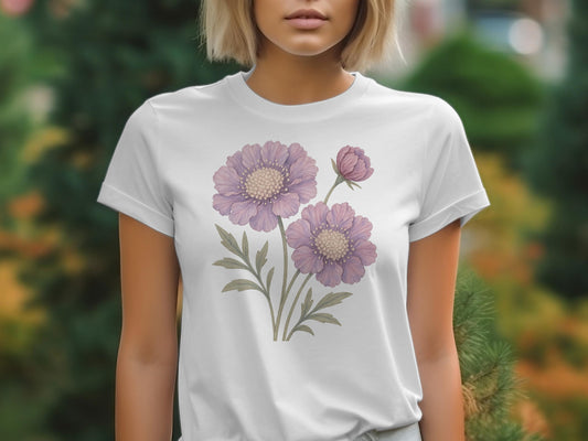 Purple Floral Artwork on White T-shirt product type