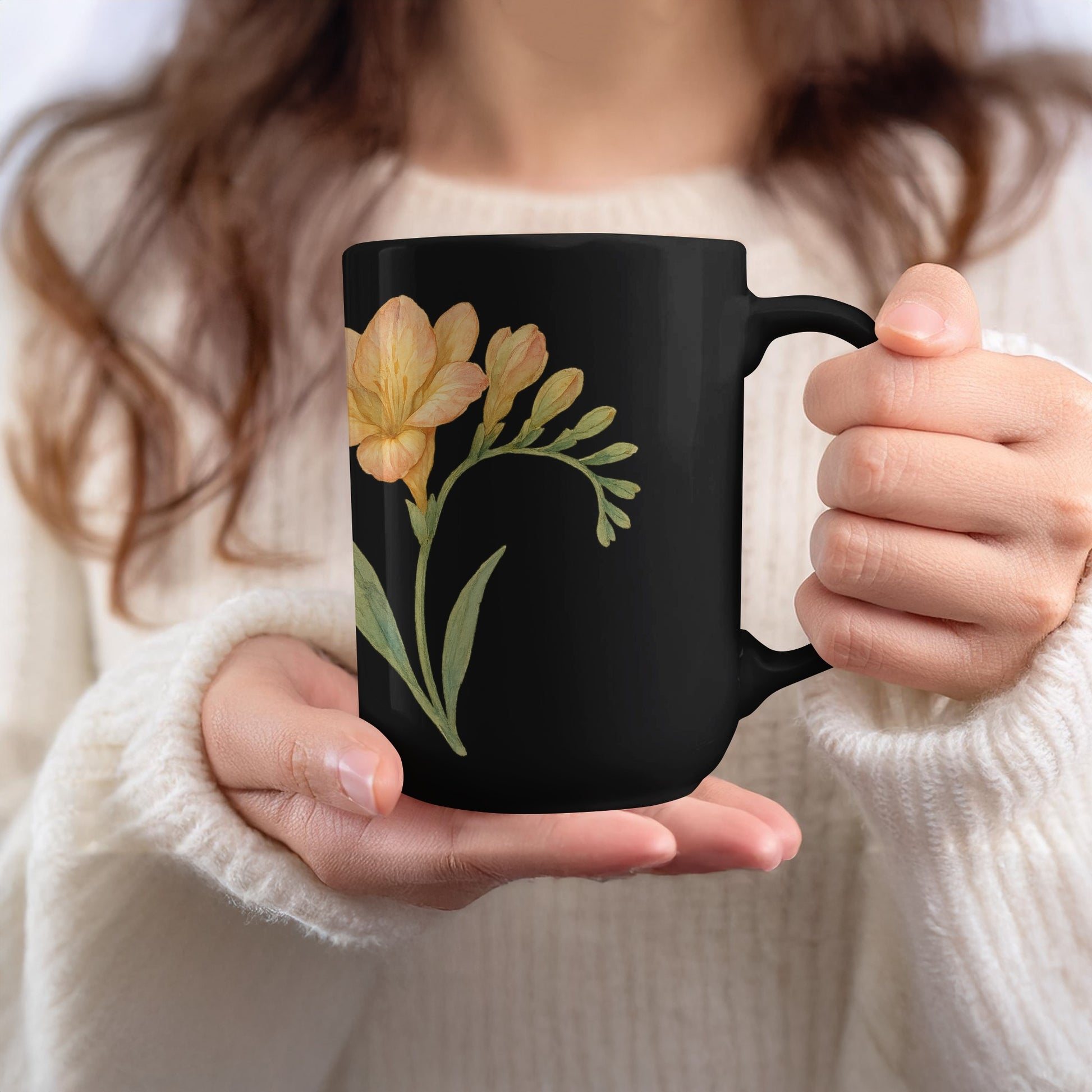 Floral Design Black Mug Coffee or Tea Beverage Hold product