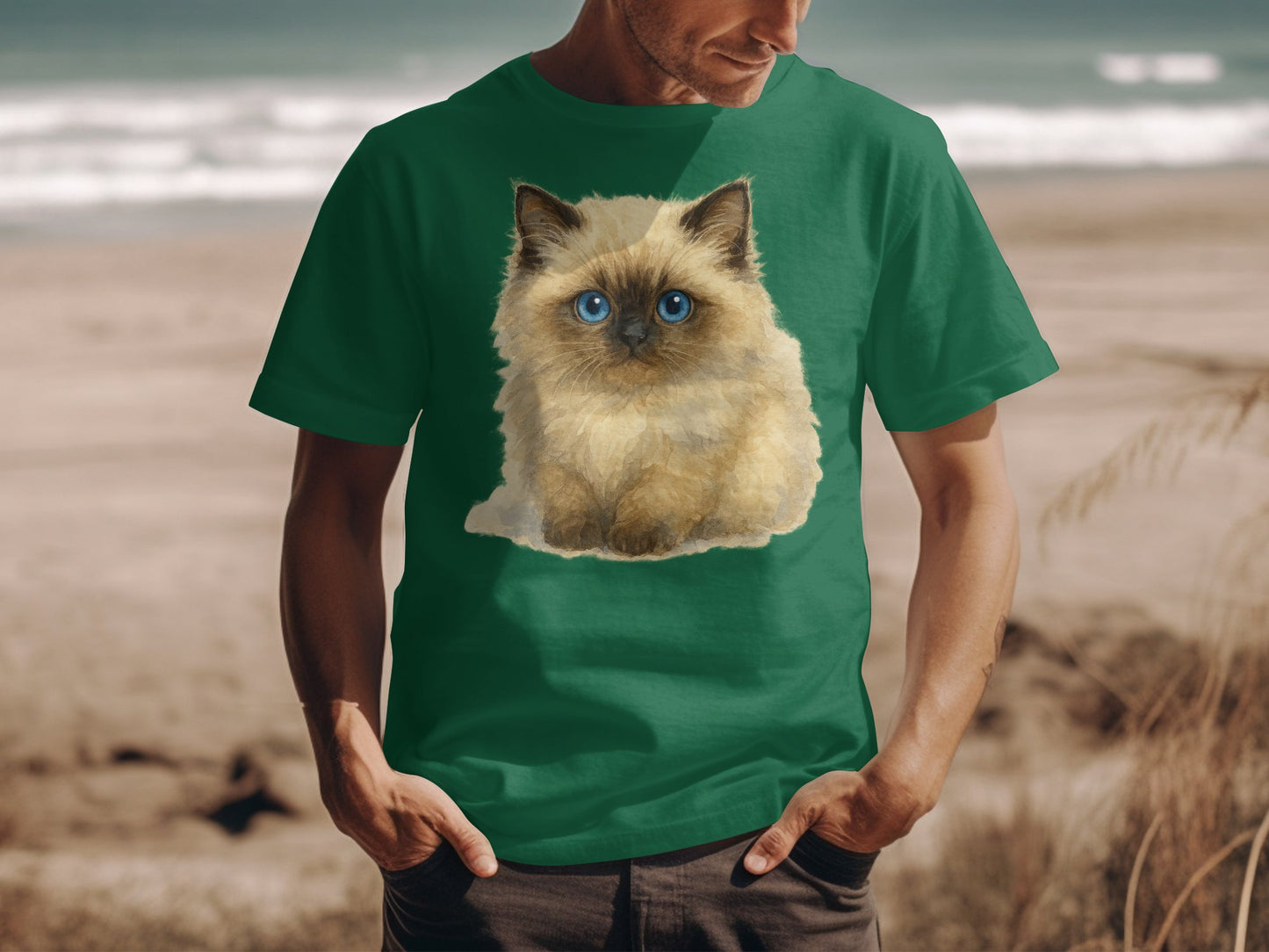 Cute Fluffy Kitten Graphic on Green T-shirt product type