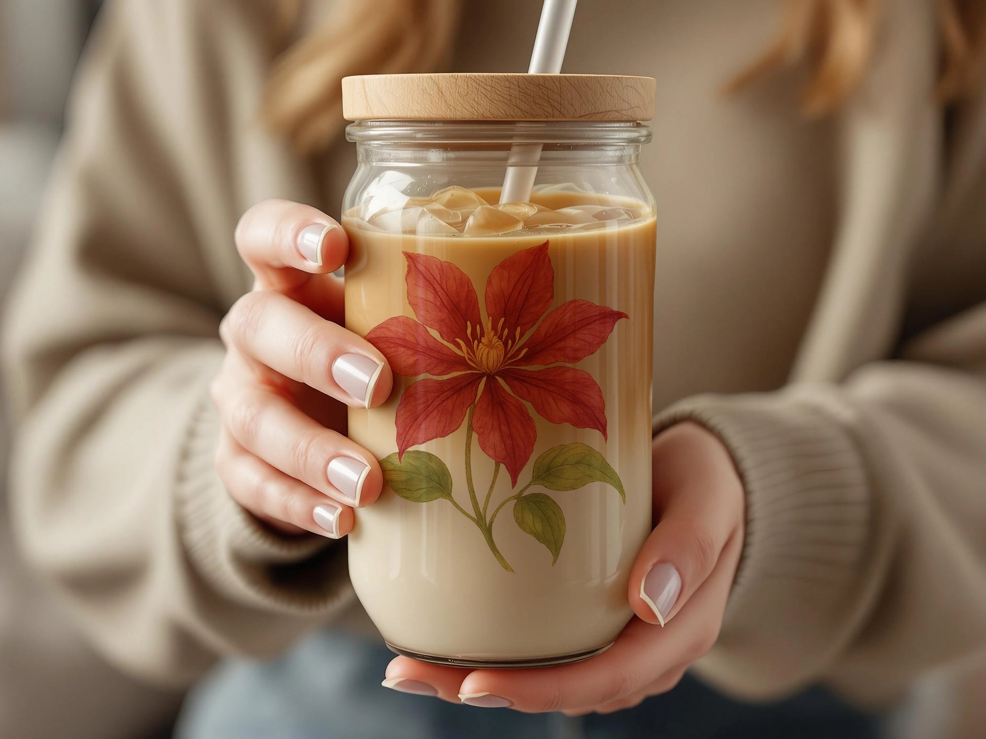 Beautiful Floral Design Glass Jar Beverage Holder product