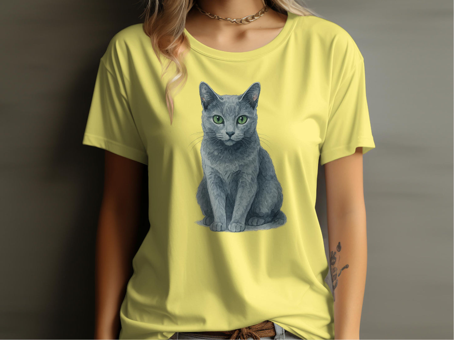 Green-Eyed Grey Cat Printed Yellow T-Shirt product type