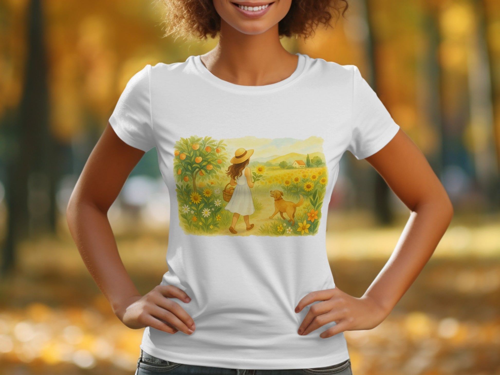 Cute Girl and Dog in Sunflower Field T-Shirt product