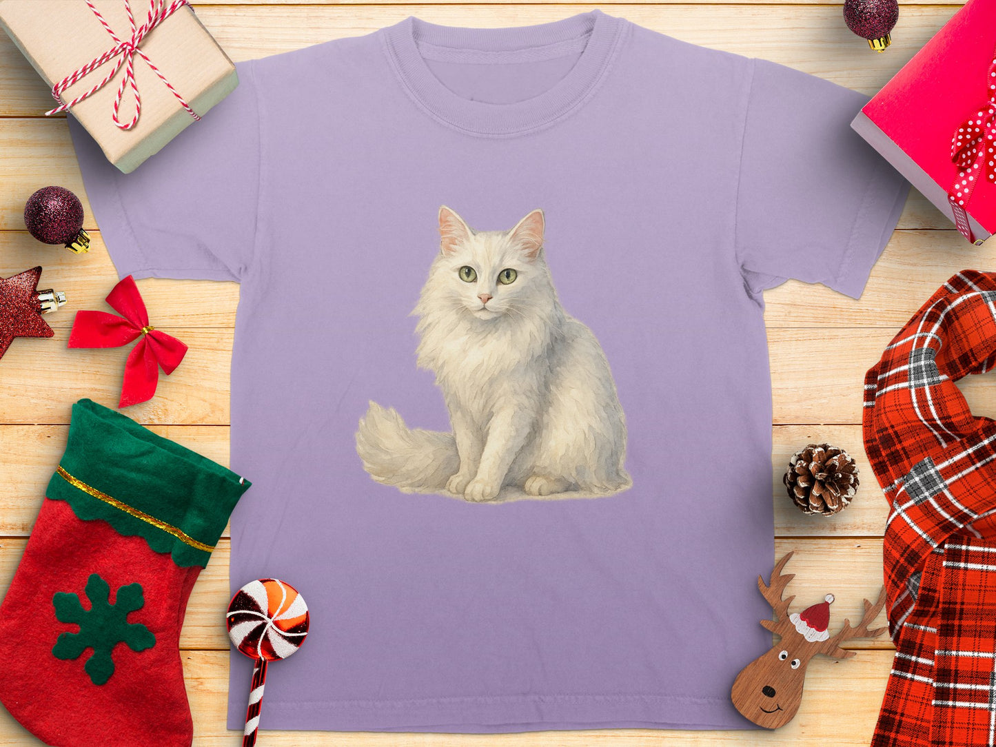 Cute White Cat Printed Lavender T-Shirt product type