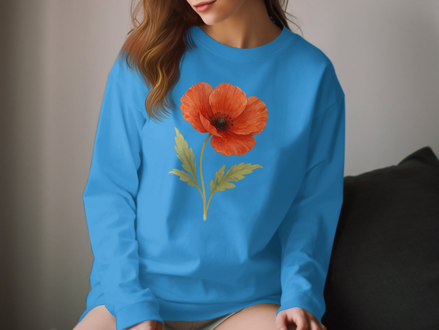 Vibrant Blue Sweatshirt with Orange Poppy Flower product