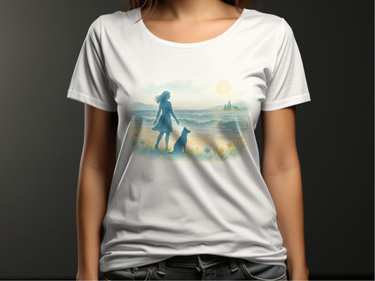 Woman on Beach with Dog Graphic T-shirt product