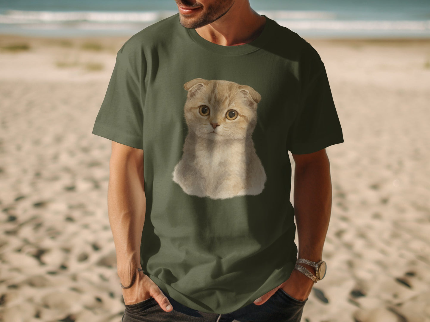 Cute Cat Face Print Green Men's T-shirt product