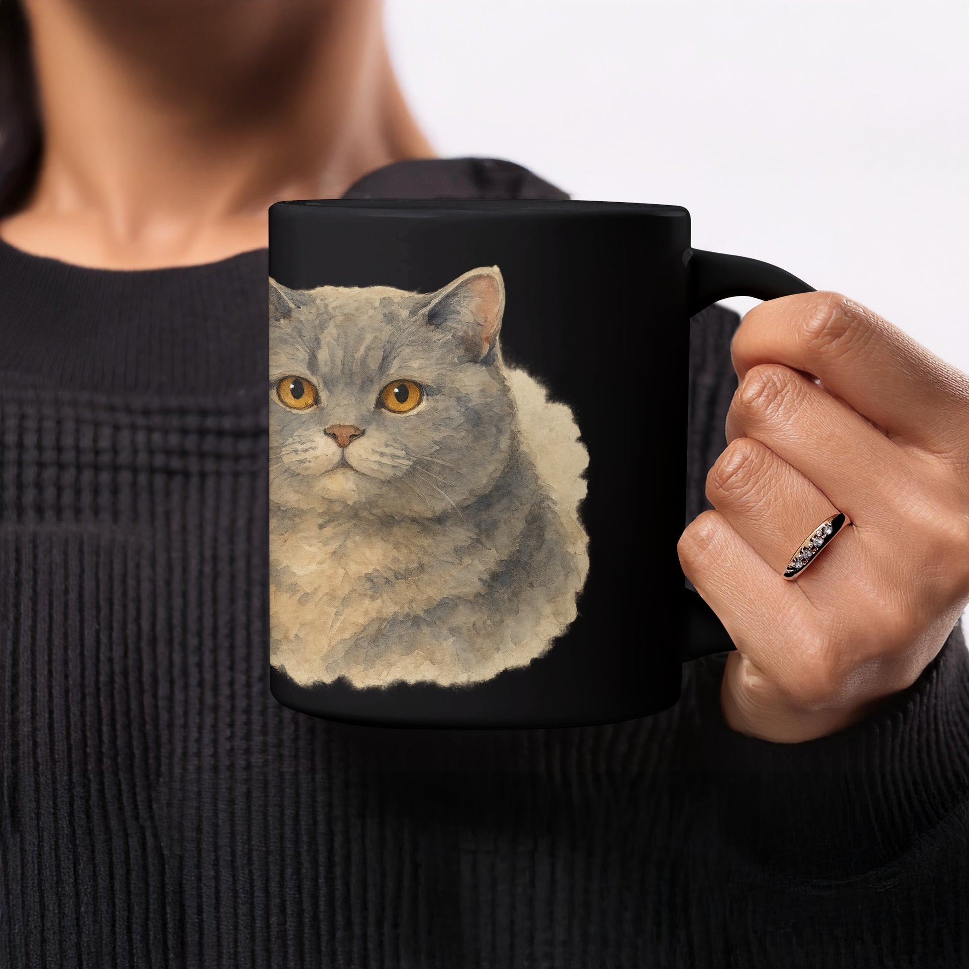 Cute Gray Cat Artwork on Black Mug product