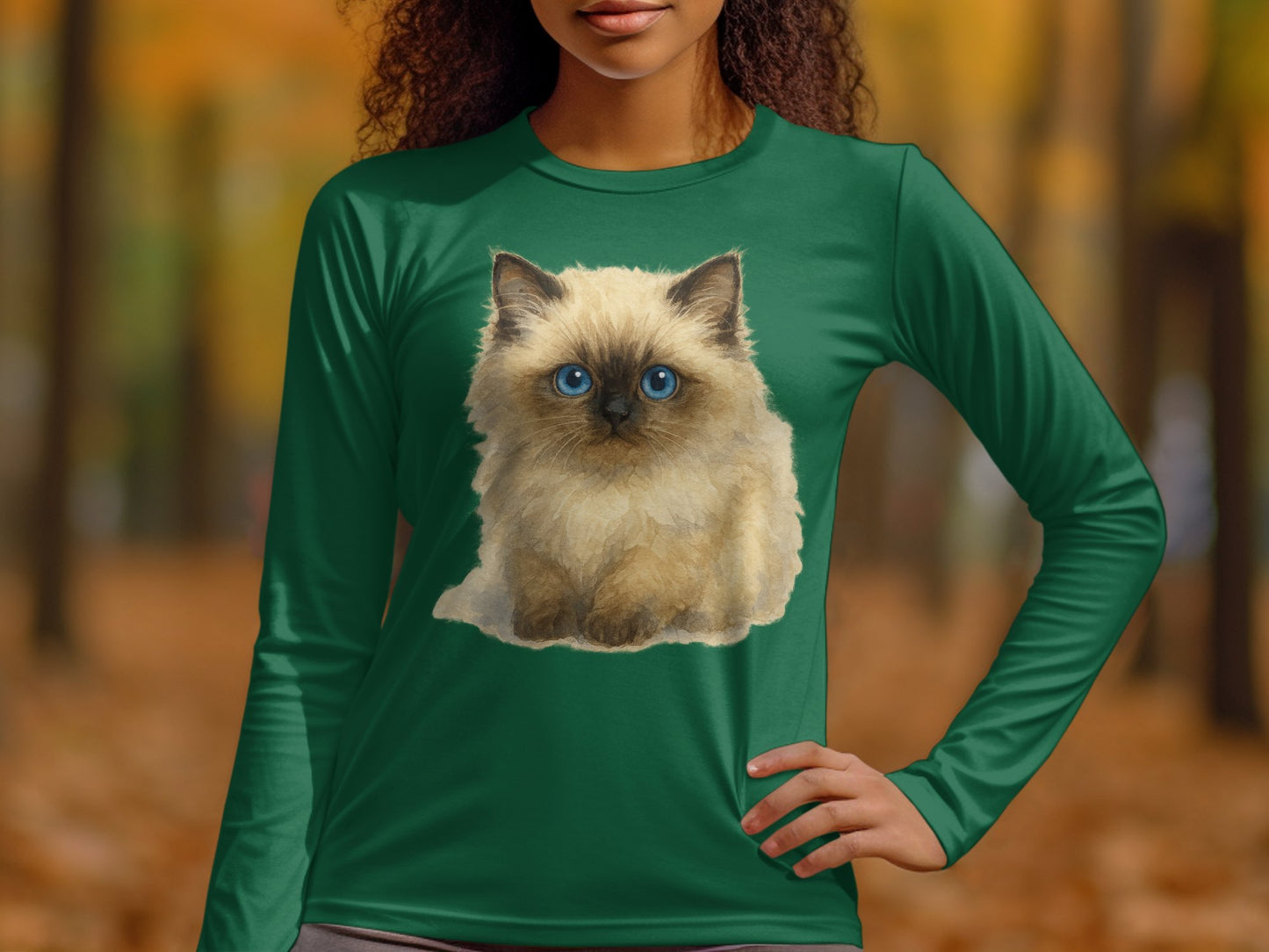 Adorable Fluffy Kitten on Green Long Sleeve Shirt product type