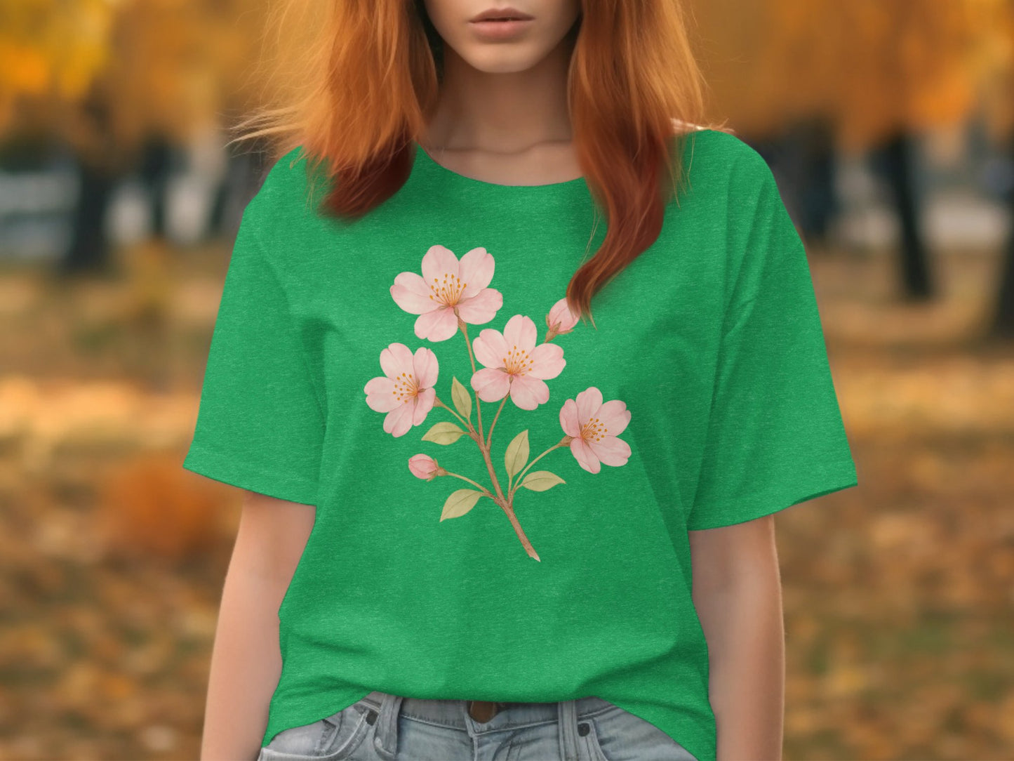 Cherry Blossom Print Green T Shirt product