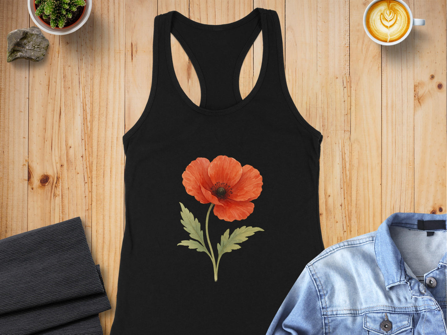 Chic Black Tank Top with Stylish Red Poppy Flower product type