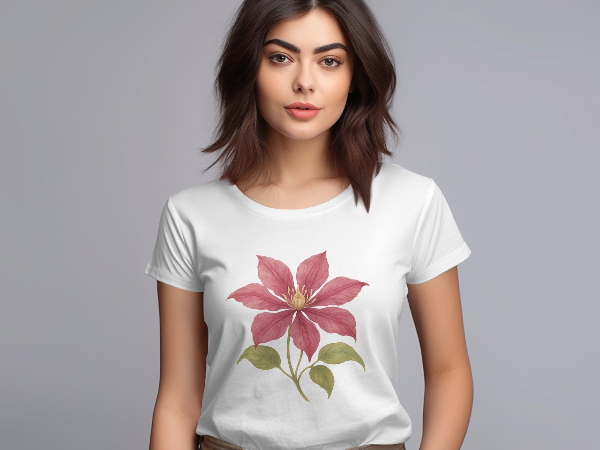 Pink Clematis Floral Graphic White TShirt product type