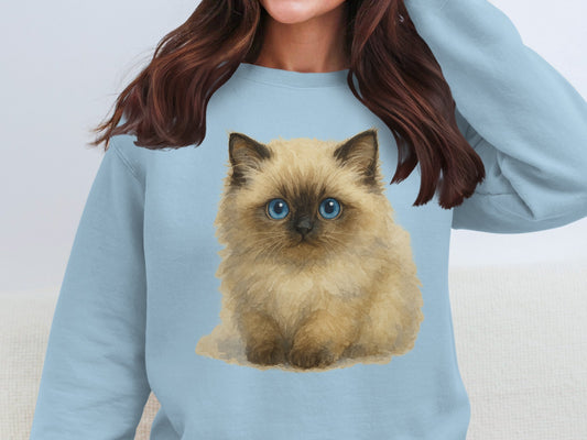 Cute Fluffy Kitten Design on Blue Sweatshirt product type