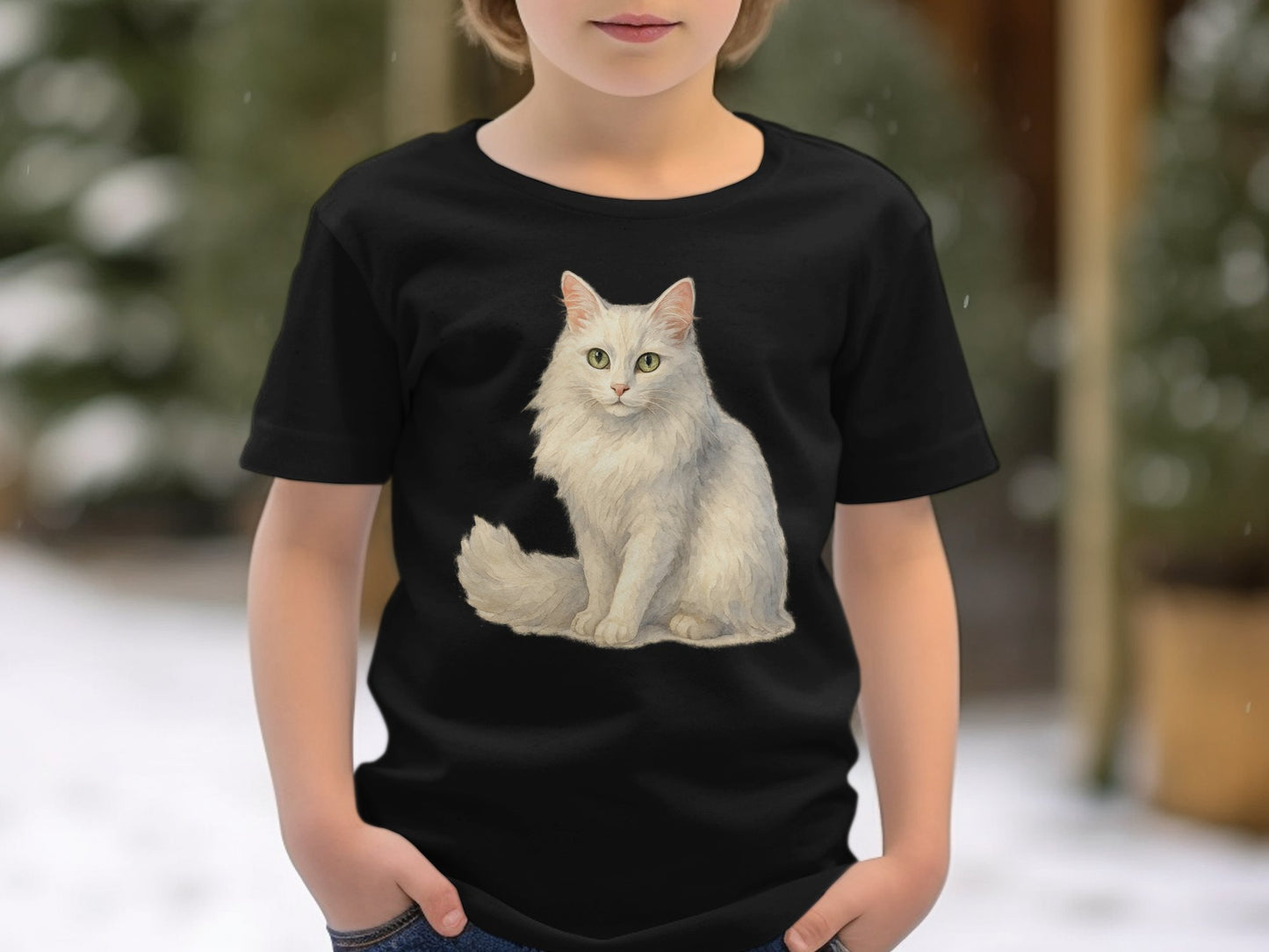 Cute White Cat Illustration on Black T-shirt product type