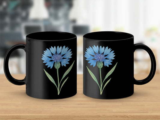Blue Cornflower Art on Black Ceramic Coffee Mug product type