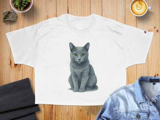 Cute Green-Eyed Grey Cat Design on White Shirt product type
