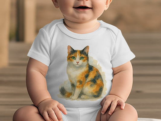 Cute Baby Bodysuit with Calico Cat Art and Smiling Baby product type