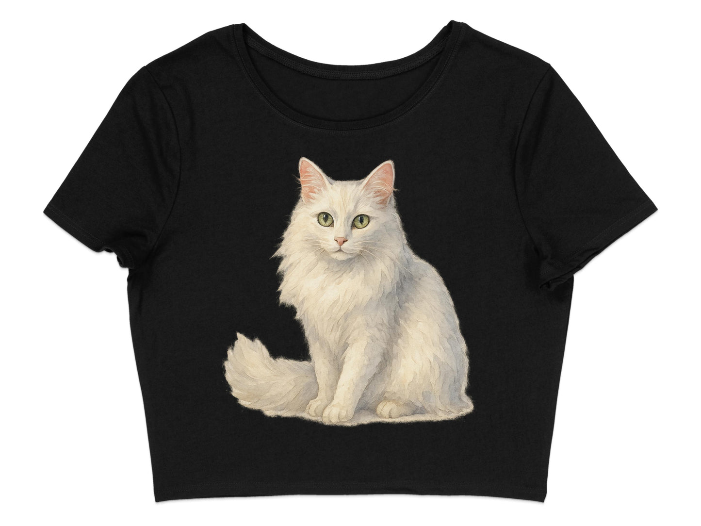 Cute White Cat Printed on Black Crop Top product