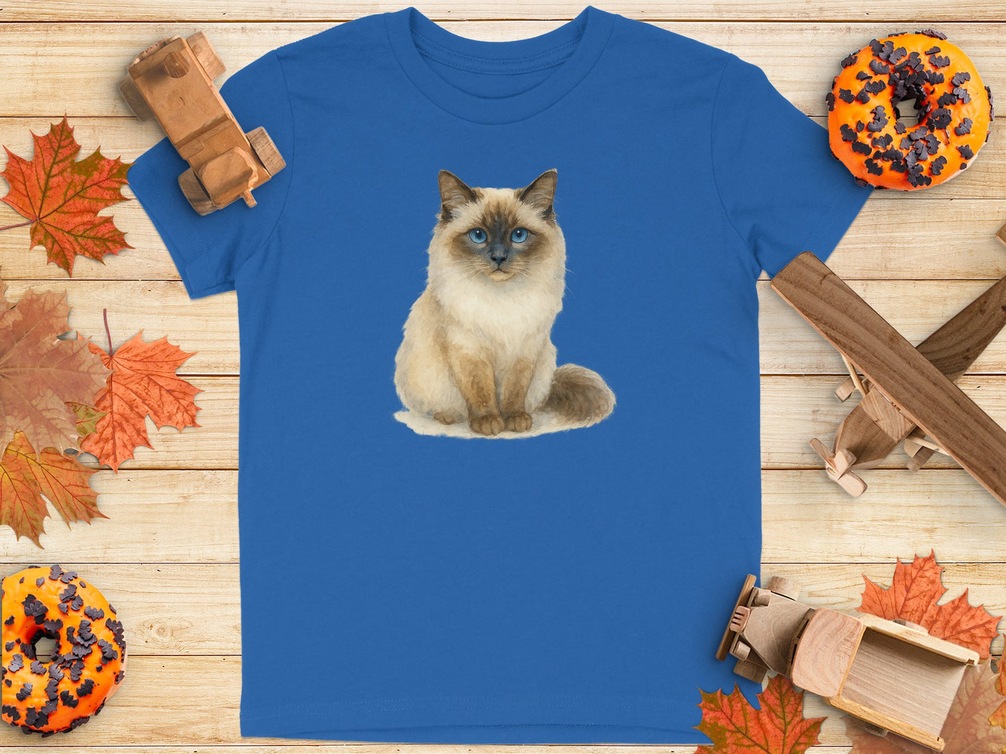 Cute Blue-Eyed Cat Print on Royal Blue T-Shirt product