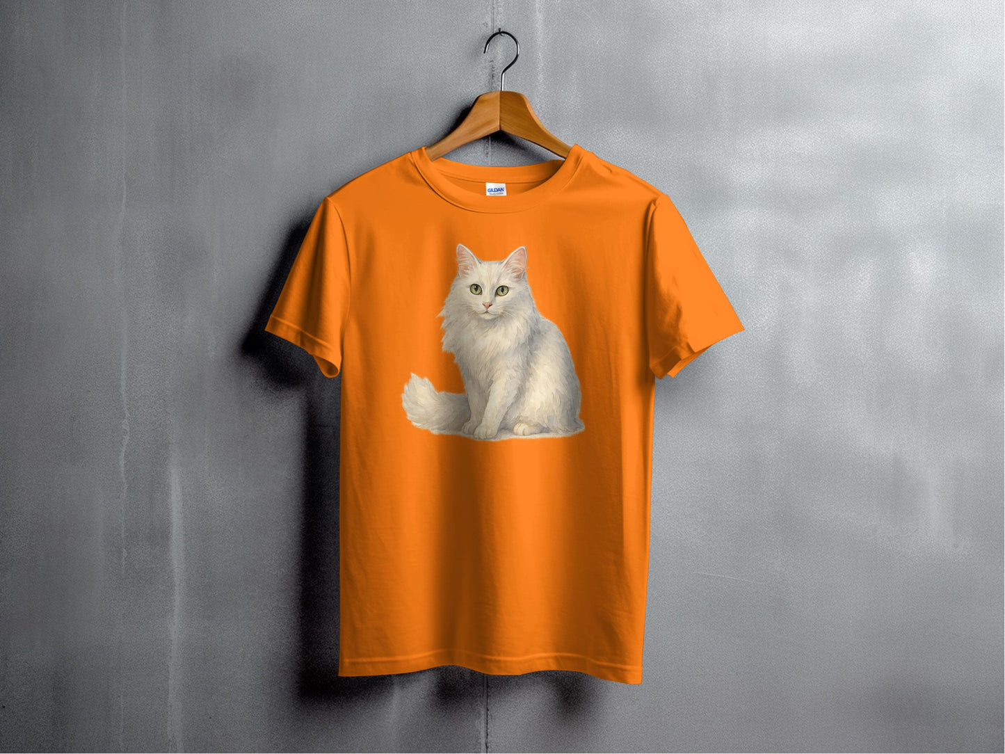Orange T-Shirt Featuring Fluffy White Cat Product Type