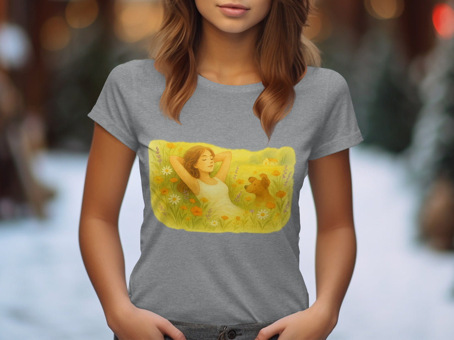 Woman Relaxing in Meadow with Dog T-Shirt product