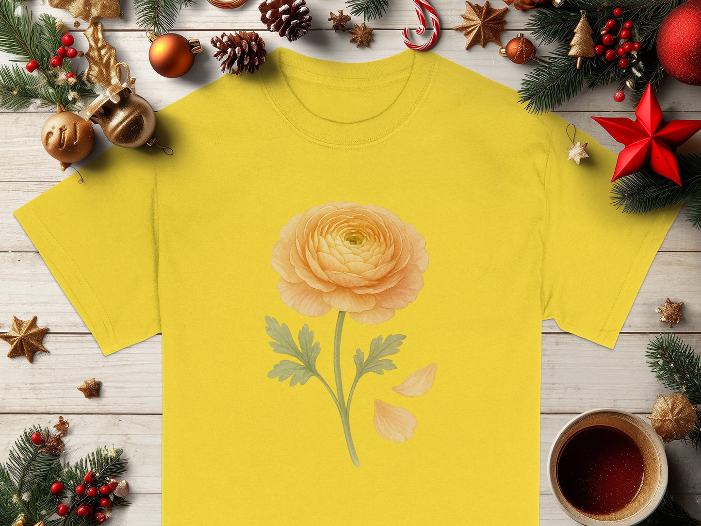 Floral Print Yellow T-Shirt Christmas Decoration T-Shirt Product