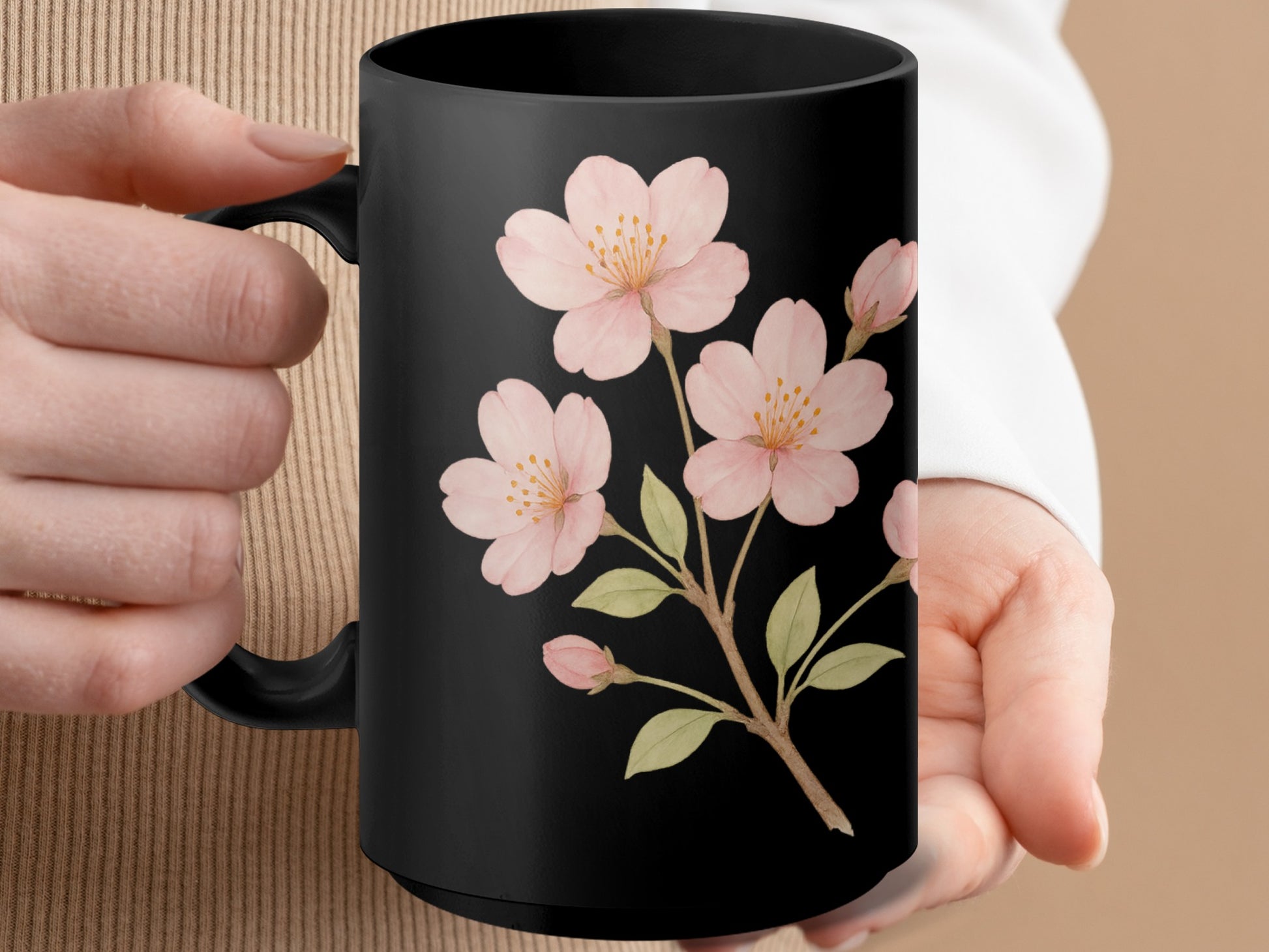Floral Cherry Blossom Design Black Coffee Mug product