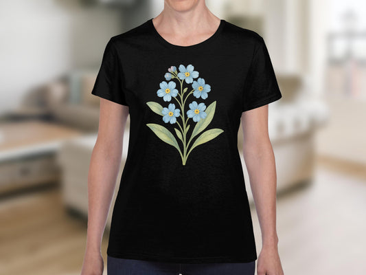 Blue Flowers Printed Black T-Shirt Casual Wear product