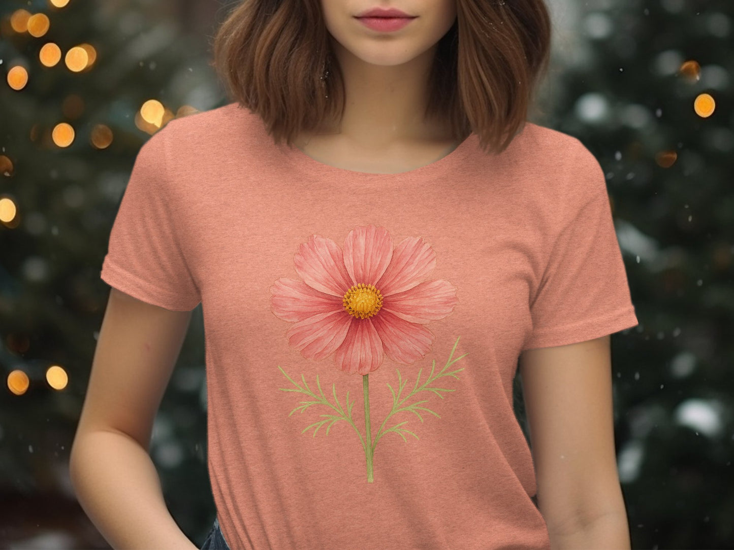 Pink Flower Detailed Graphic on Coral T-Shirt product