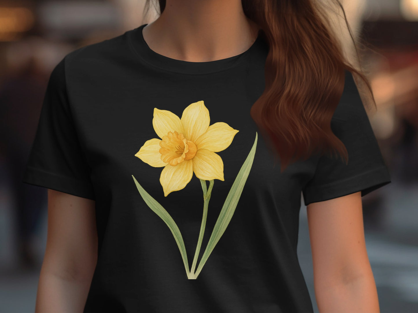 Elegant Yellow Flower Artwork on Black Shirt product