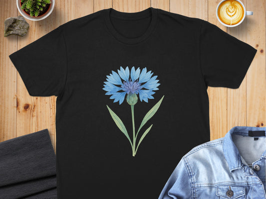 Blue Flower Design on Black T-shirt product
