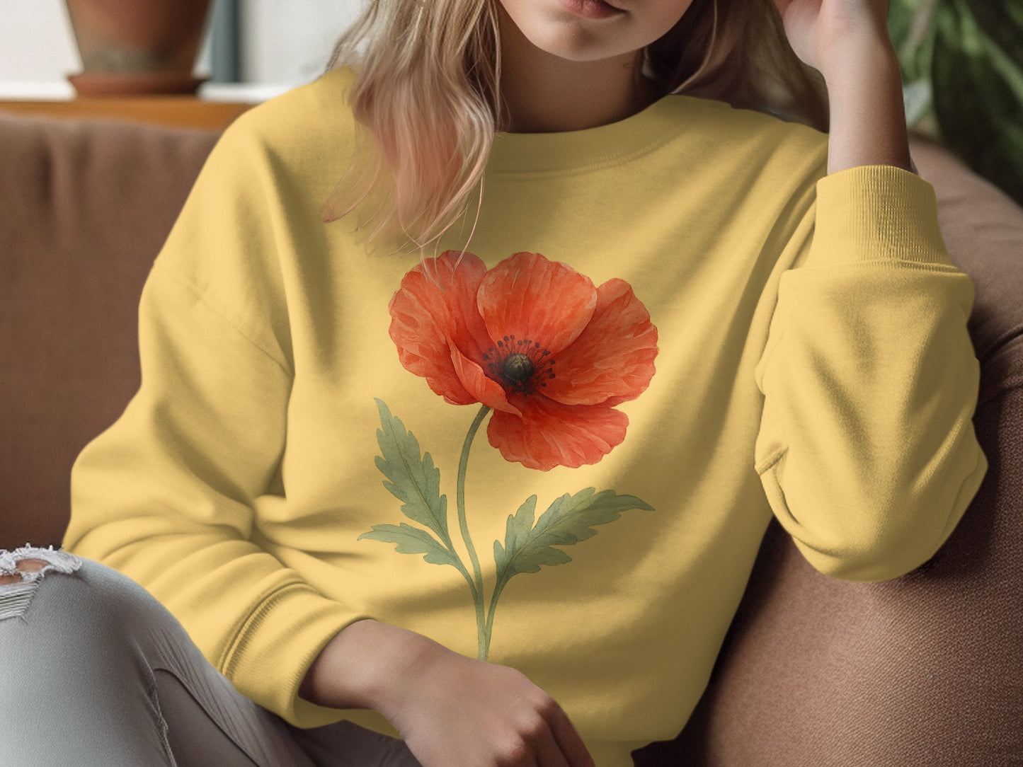 Vibrant Red Flower Print on Yellow Sweatshirt product type