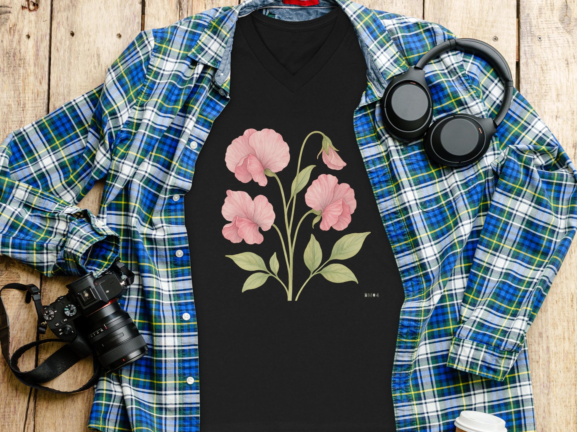 Pink Flower Illustration on Black Tee product