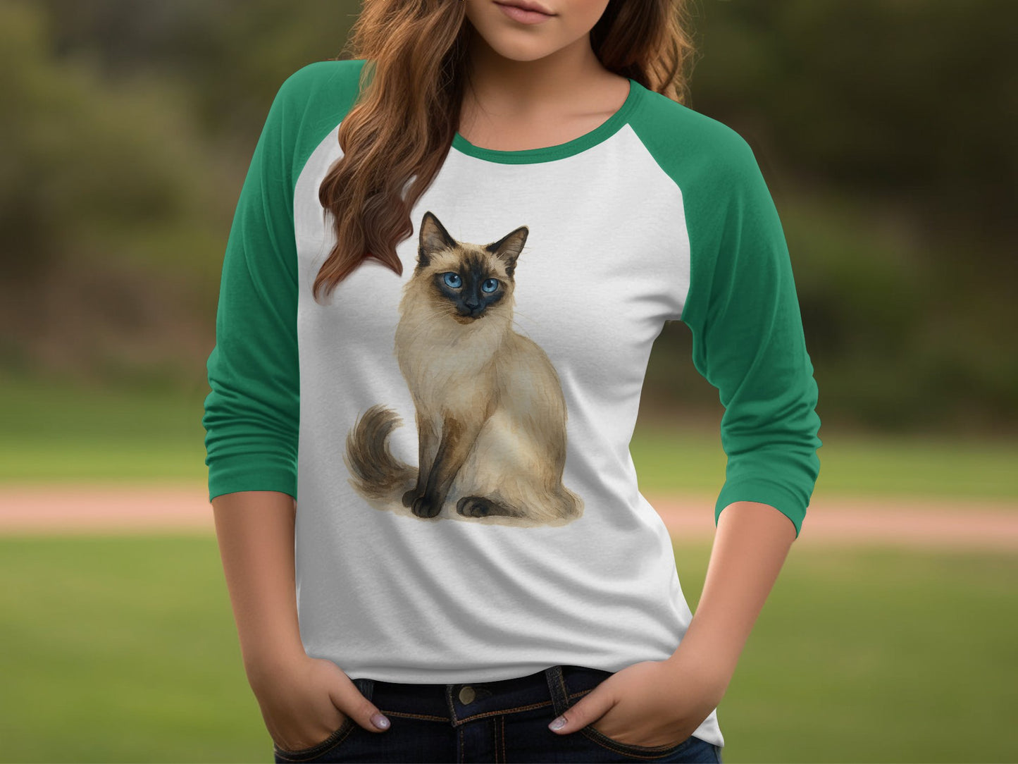 Cat Print Green Sleeve Baseball Tee product type