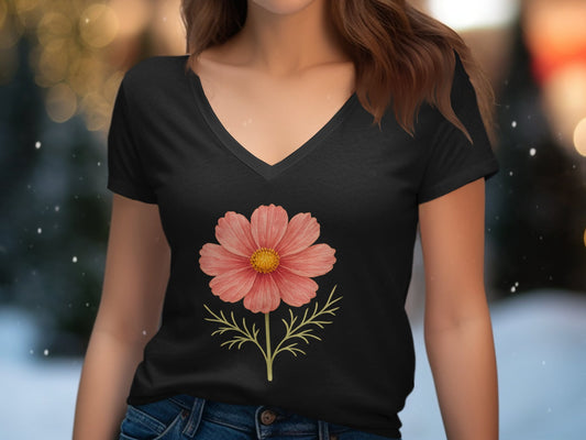 Beautiful Pink Flower on Black V-Neck Shirt product type