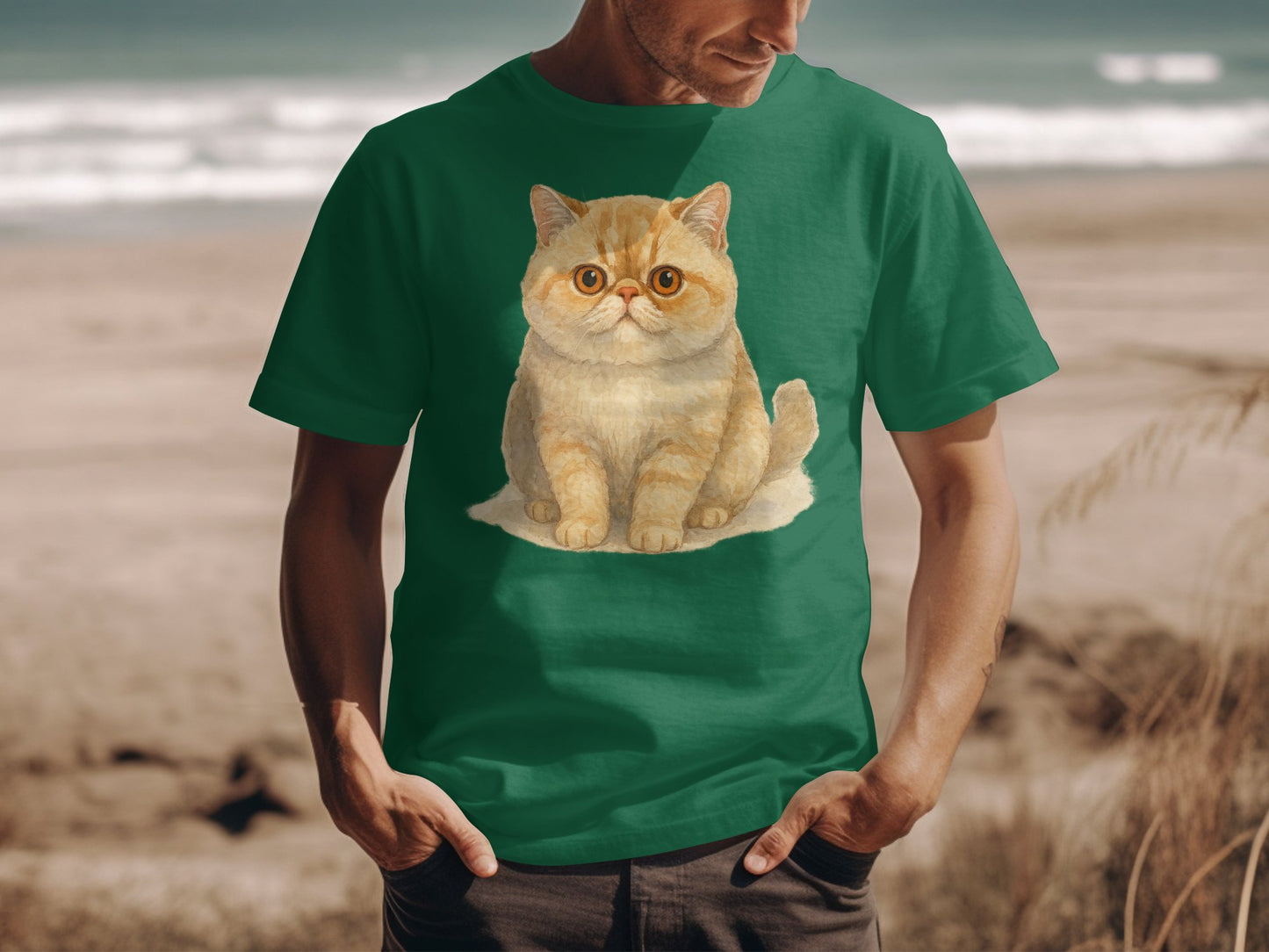 Cute Orange Cat Design on Green Shirt product type