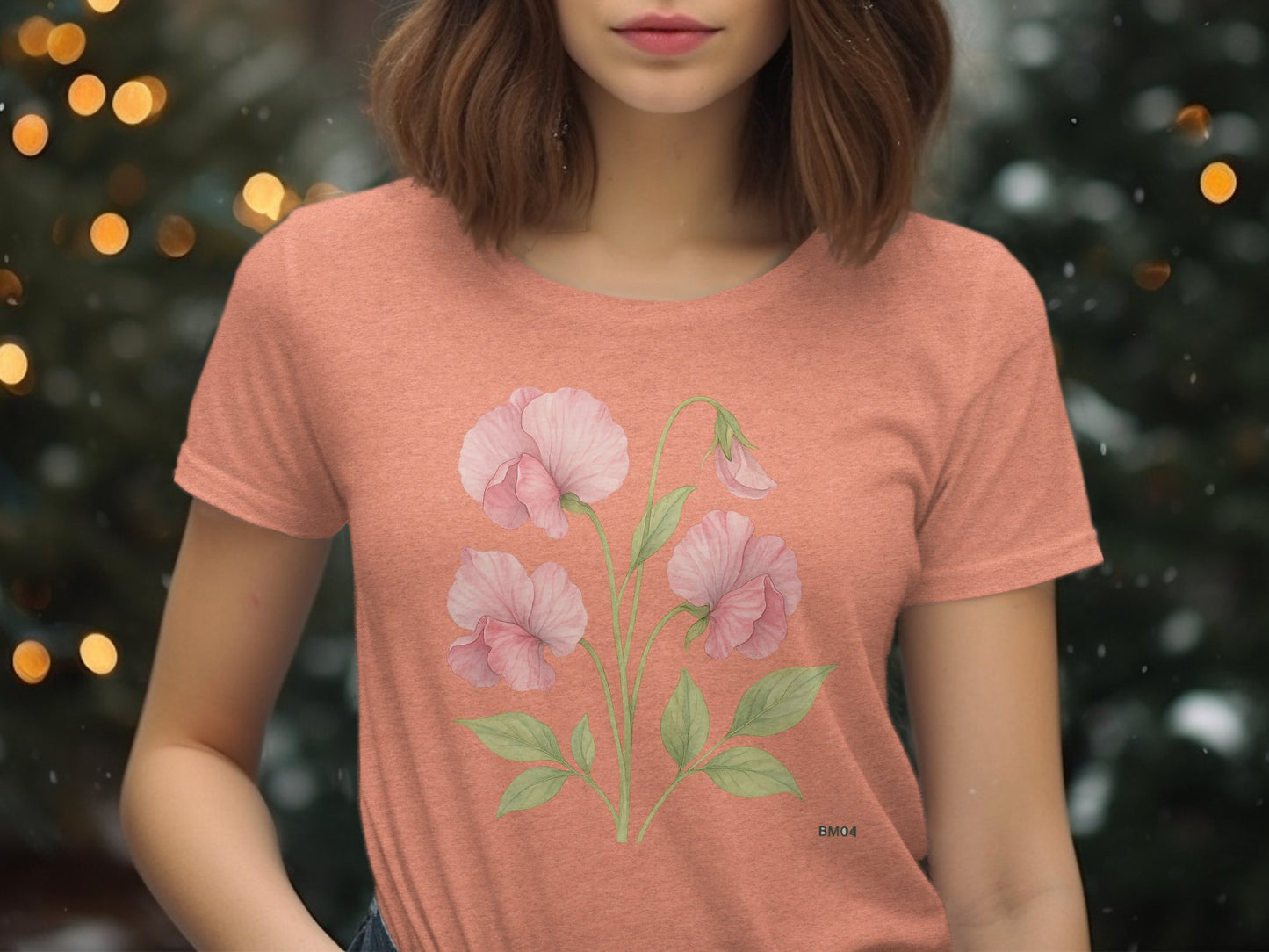 Beautiful Floral Print Peach Women's Tee Shirt Product