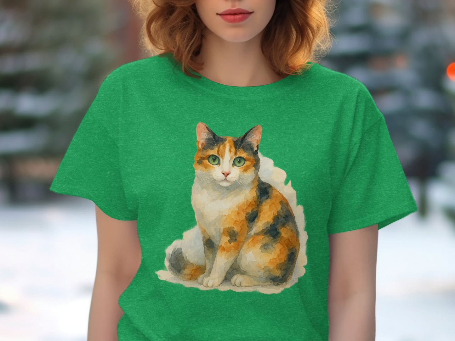 Colorful Cat Illustration Green Tee Shirt product