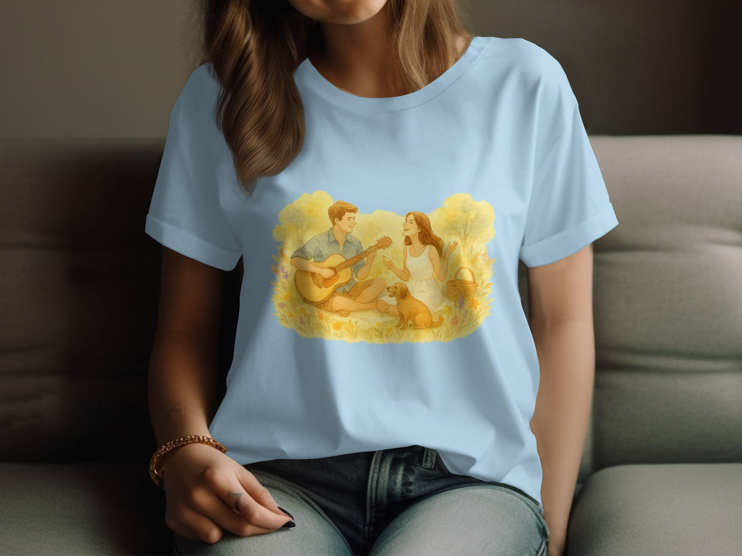 Music Lovers with Dog in Field Graphic T-shirt product