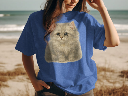 Adorable Fluffy Cat Graphic on Trendy Blue T-shirt product