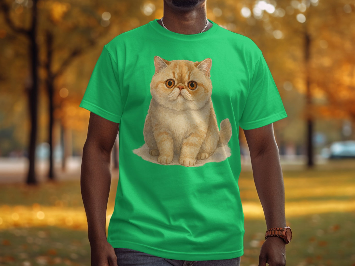 Cute Fluffy Orange Cat on Green Background T-shirt product