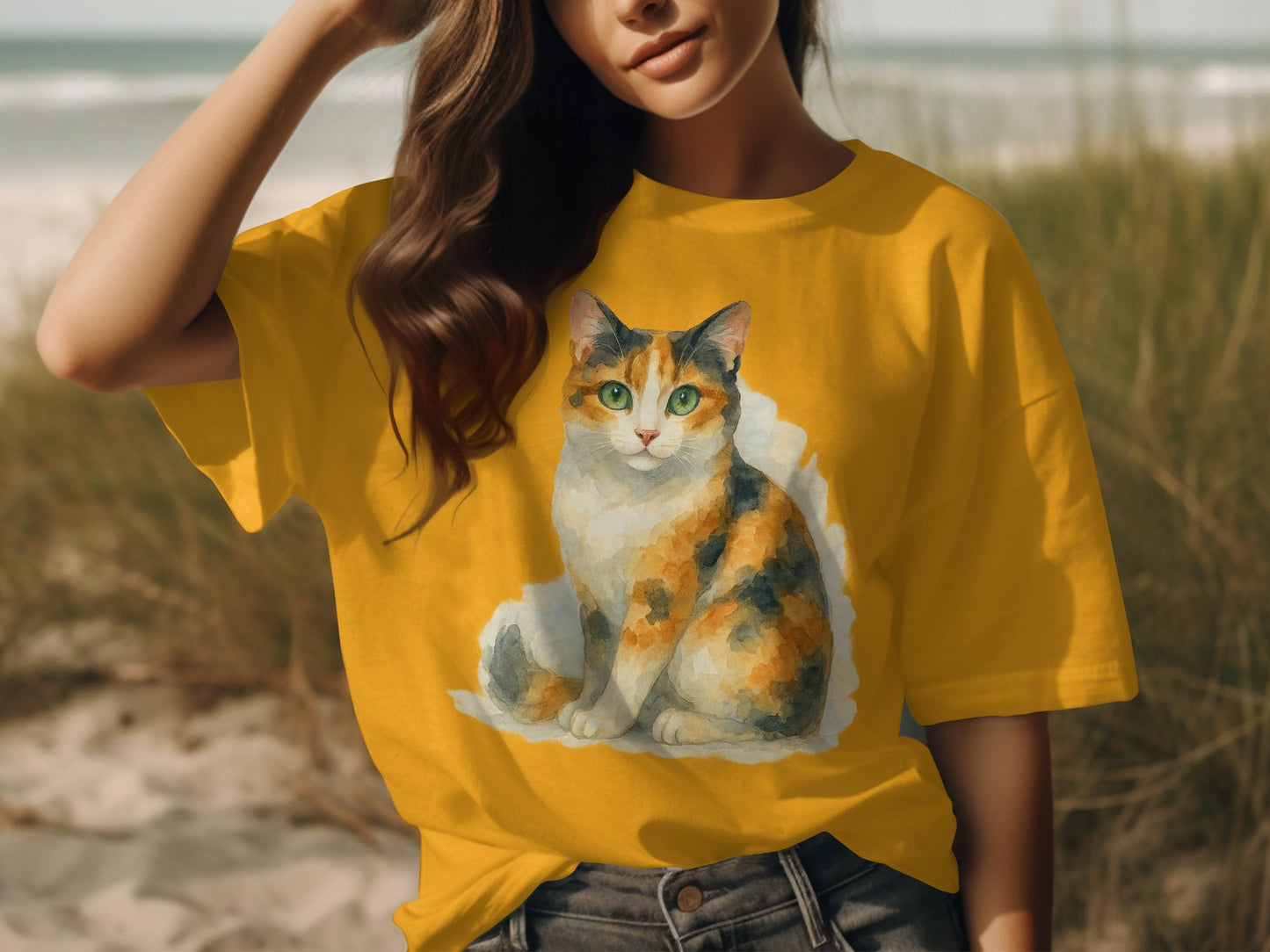 Colorful Cat Illustration on Yellow T-Shirt product