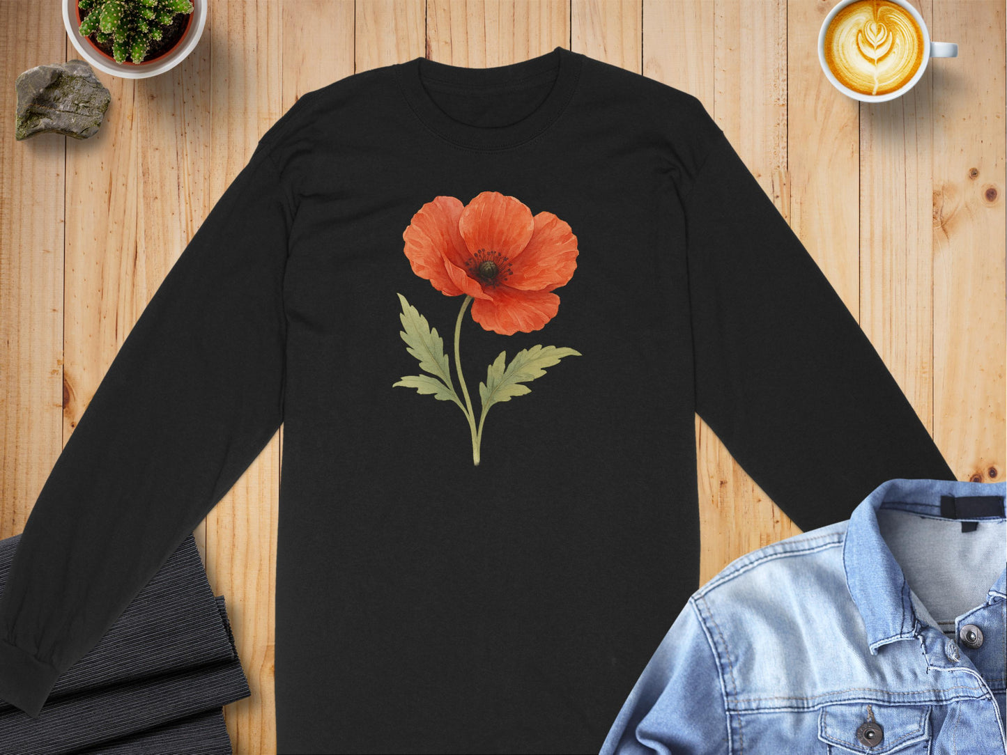 Stylish Black Long Sleeve with Poppy Flower Print product