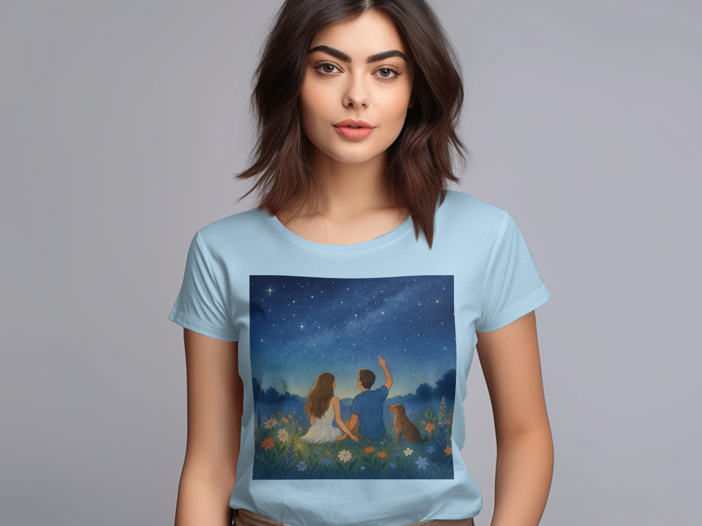Star Gazer Couple and Dog Under Night Sky T-Shirt product