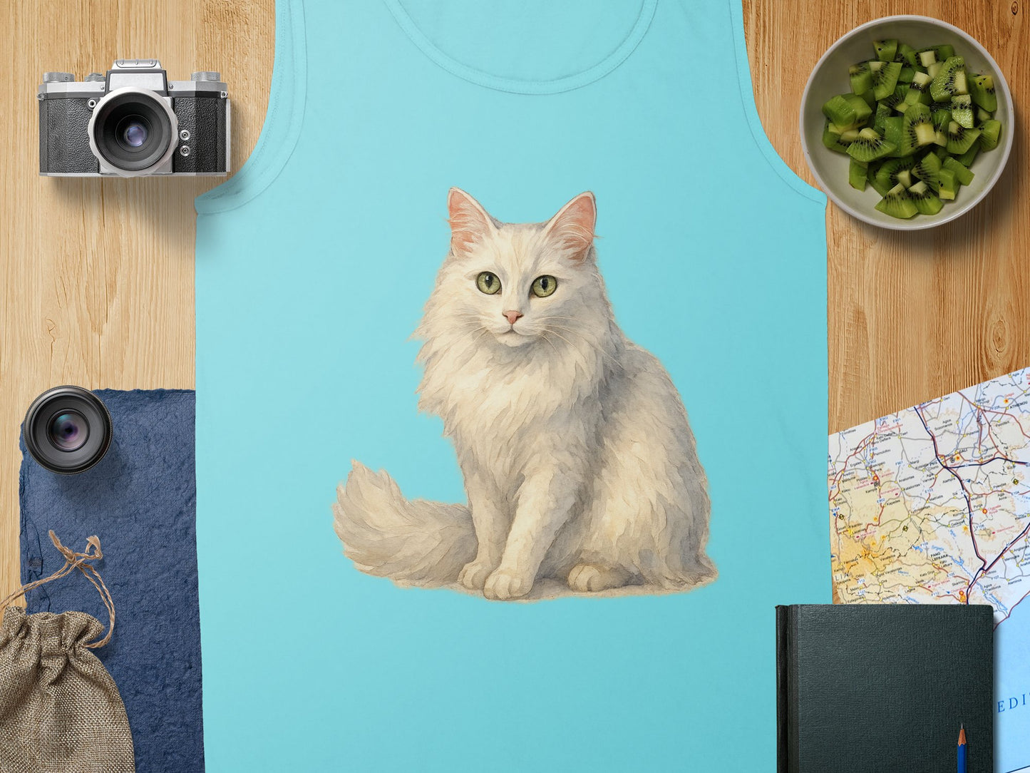 Cute Fluffy White Cat Design on Tank Top product type