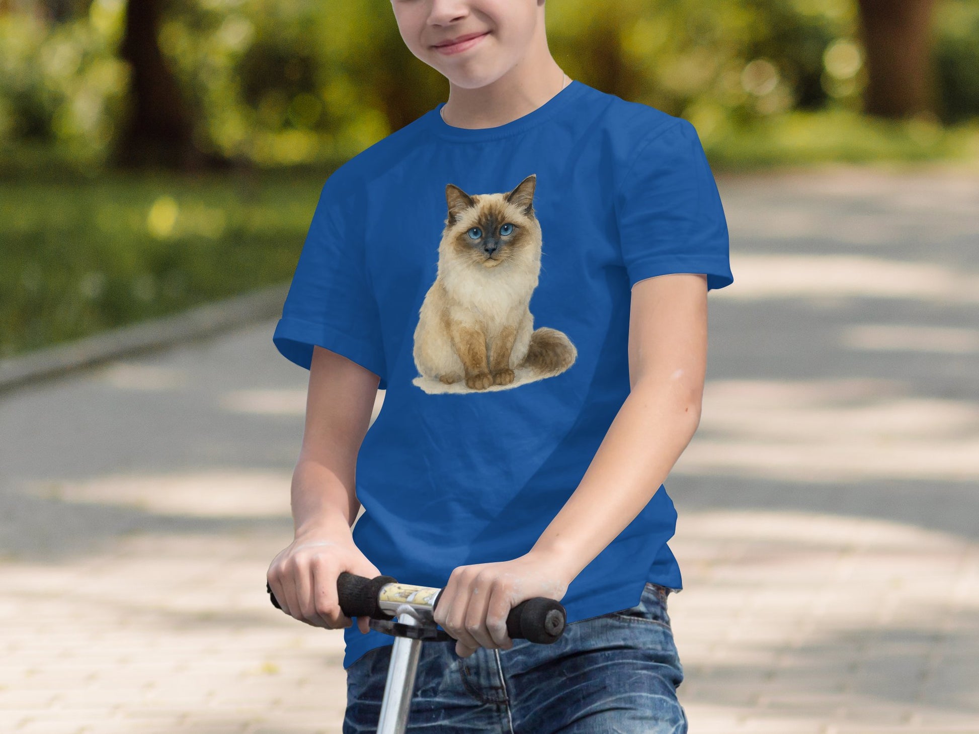 Blue T-Shirt Featuring Adorable Siamese Cat Design product type