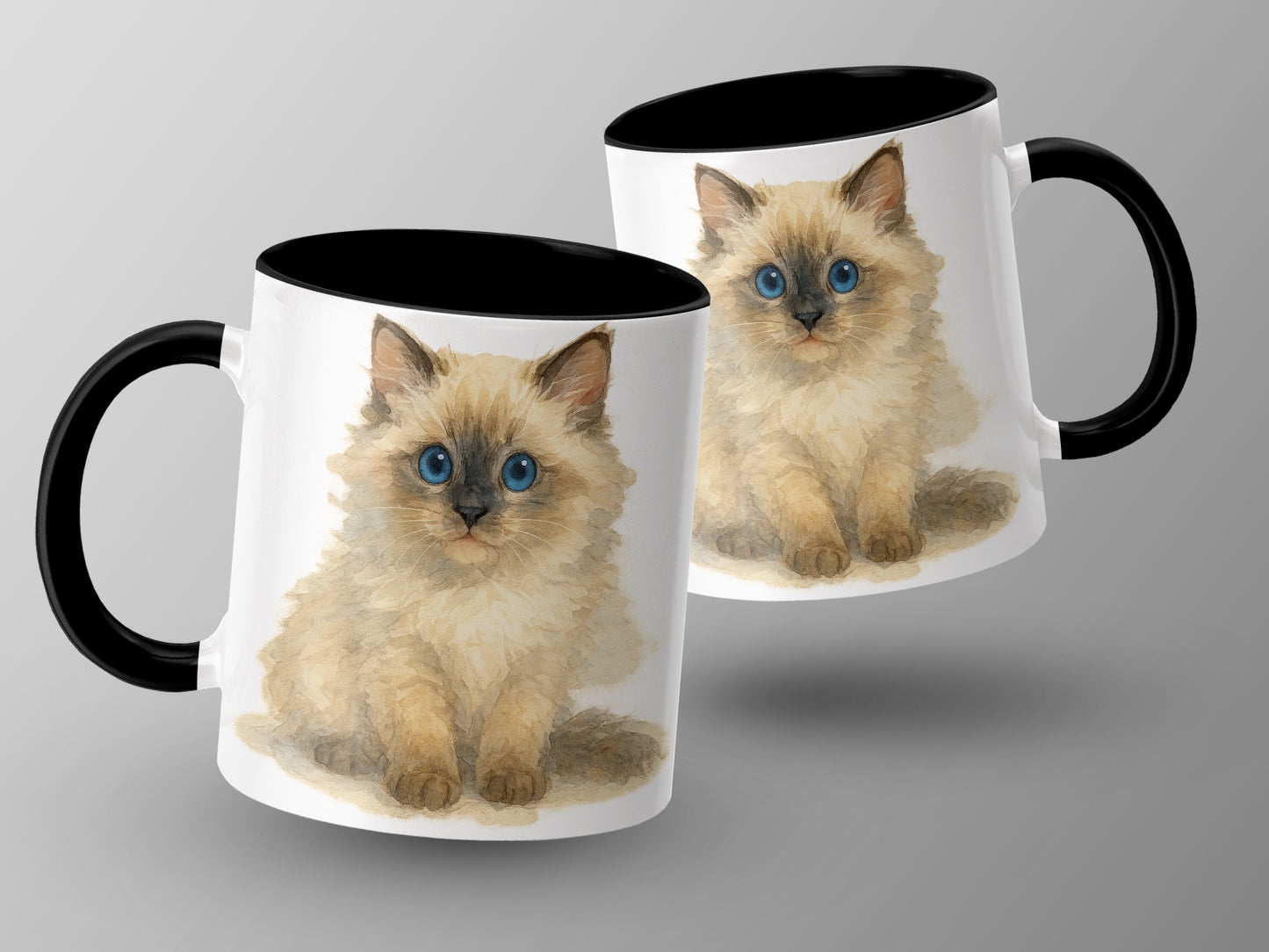 Cute Fluffy Kitten Illustration on Black Handle Mug product