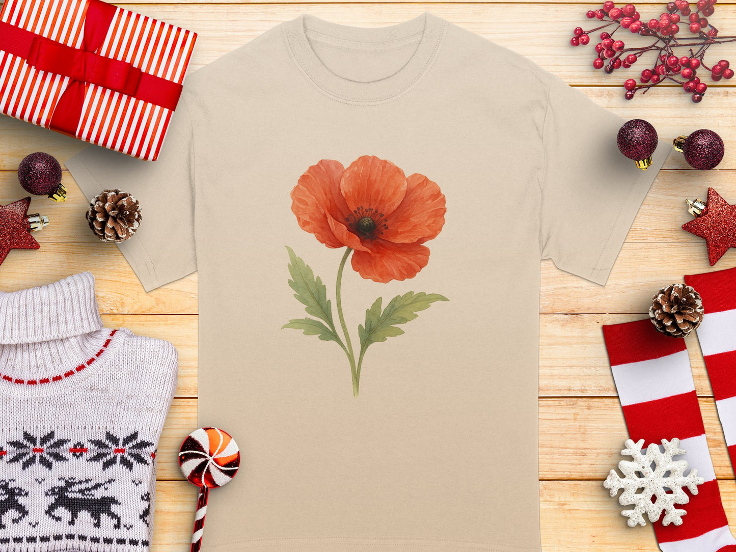 Festive Holiday Poppy Graphic Printed Beige T-Shirt product type