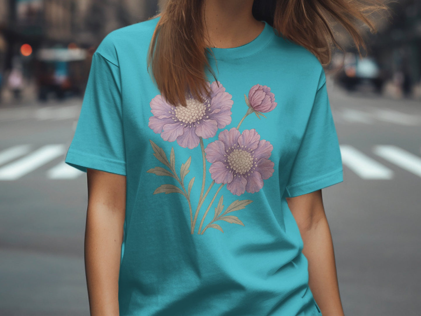 Purple Floral Design on Blue Background T-Shirt product type