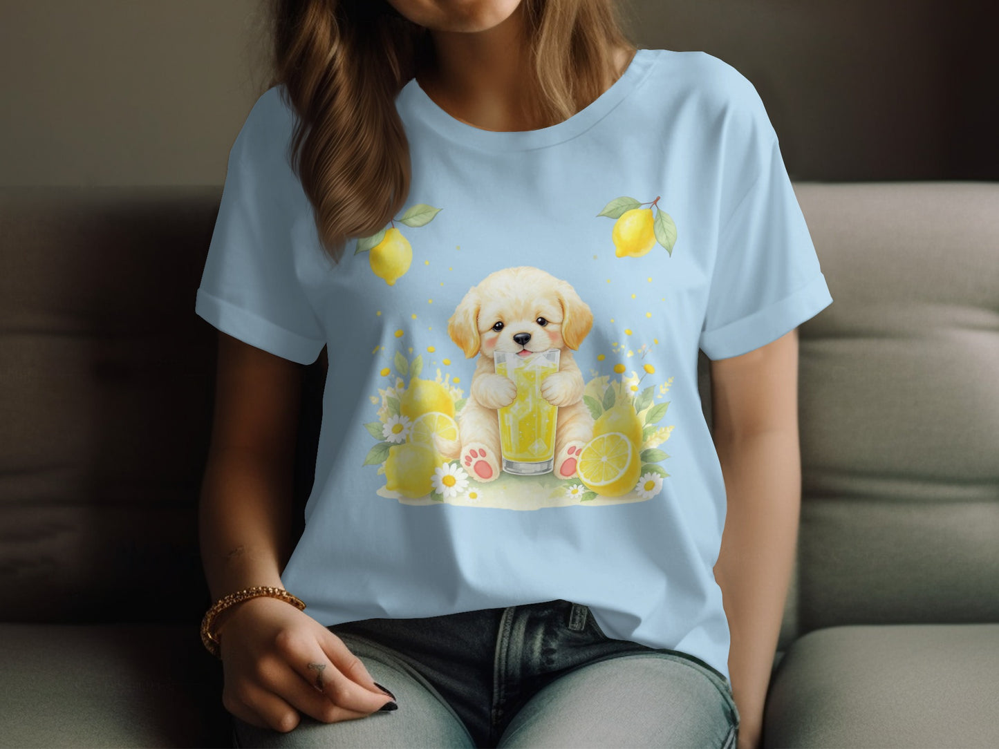 Cute Puppy with Lemon and Paw Prints T-shirt product type